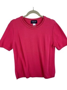 Forever Creative Cotton‎ Vtg Pink Waffle Knit Short Sleeve Sweater Made In USA M